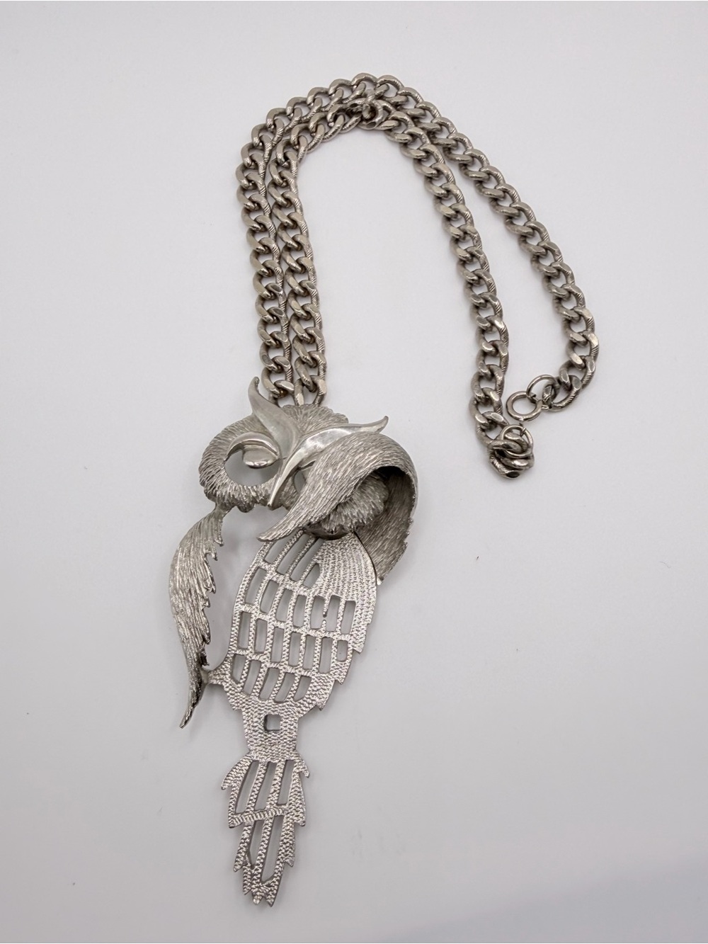 Vintage RAZZA Signed Owl Pendant Heavy Chunky Chain Necklace 1970s Boho Brutalis